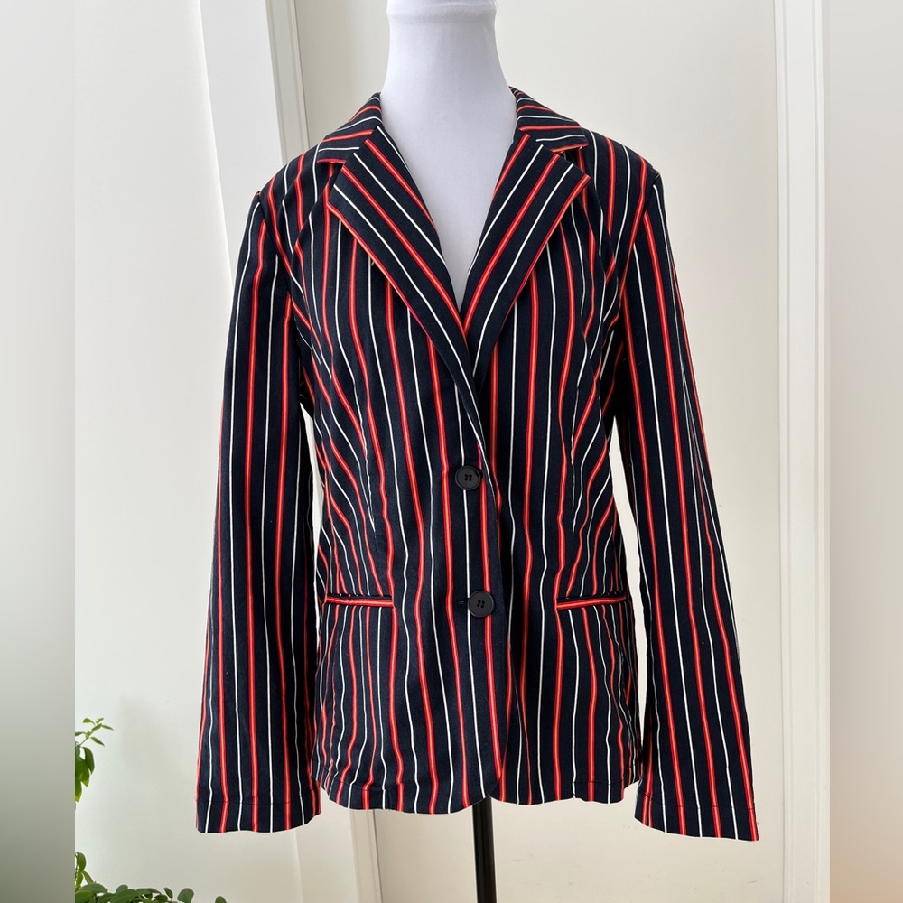 TALBOTS Stretch Striped Unlined Blazer Two Button Notch Lapel Preppy Office